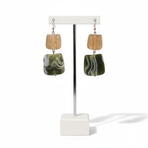Cream and Green Geometric Resin Statement Dangle Earrings – Pierced